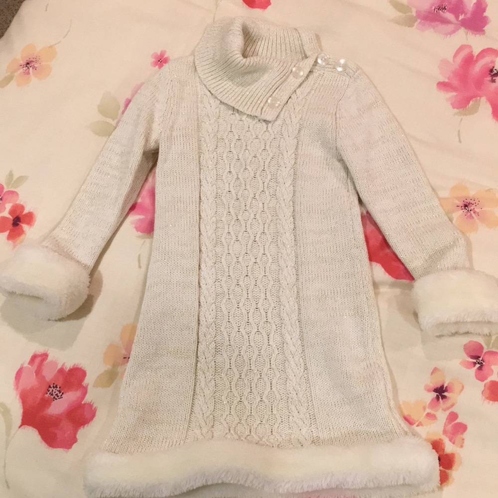Cable Knit Toddler Dress w Faux Fur Detail